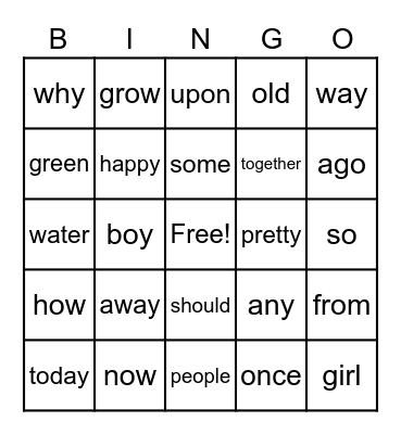 High Frequency Words Bingo Card