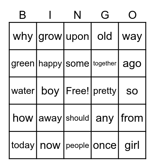 High Frequency Words Bingo Card