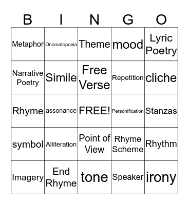 Poetry Elements Bingo Card