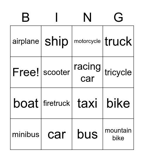 vehicles Bingo Card