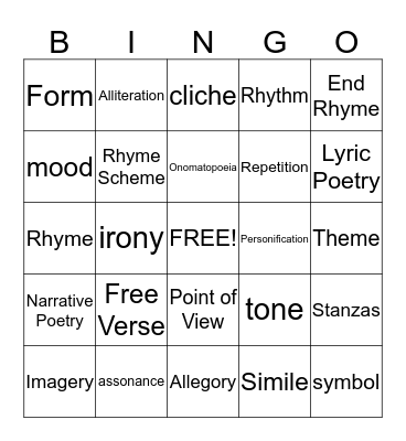 Poetry Elements Bingo Card