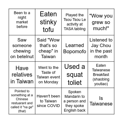 TASA Heritage Week Bingo Card