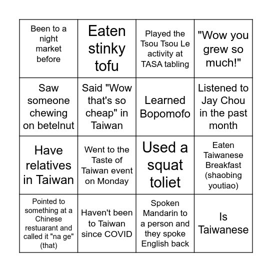 TASA Heritage Week Bingo Card