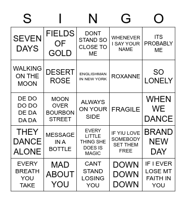 729 STING VS THE POLICE Bingo Card