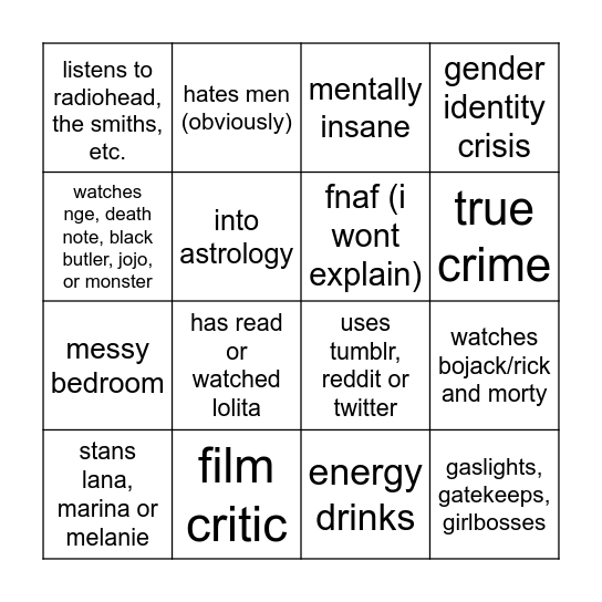 femcel bingo Card