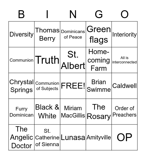 Feast of St. Dominic and the New Story Bingo Card