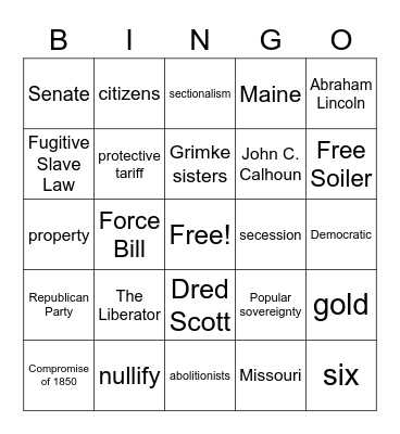 Causes of the Civil War Bingo Card