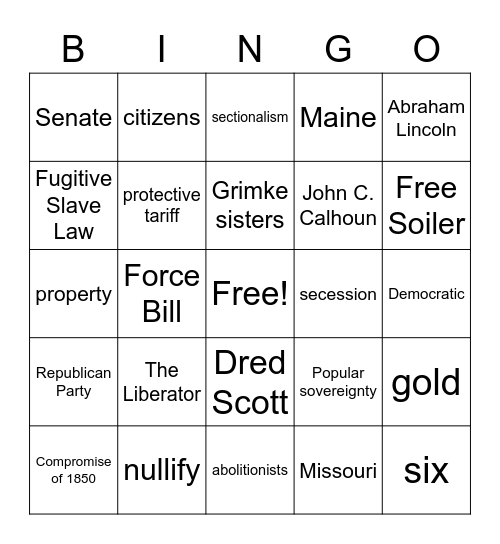 Causes of the Civil War Bingo Card