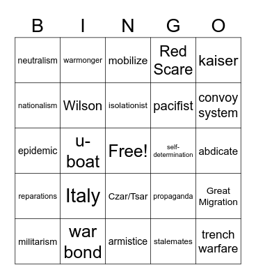 WWI Vocabulary Bingo Card