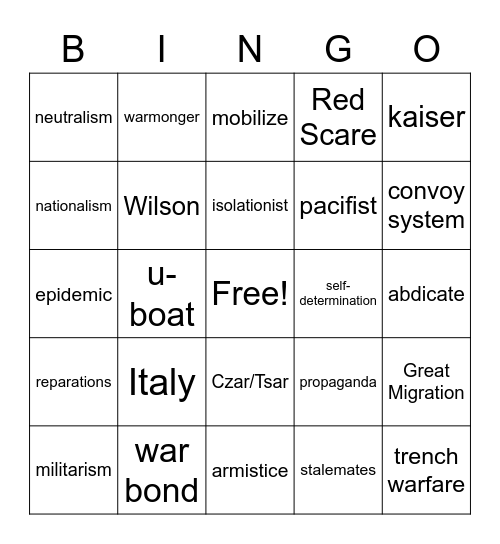 WWI Vocabulary Bingo Card