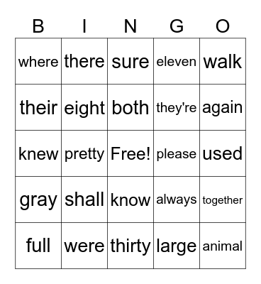 Sight Word Bingo Card
