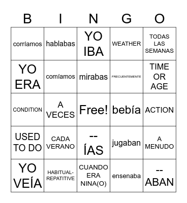 Imperfecto Bingo Card