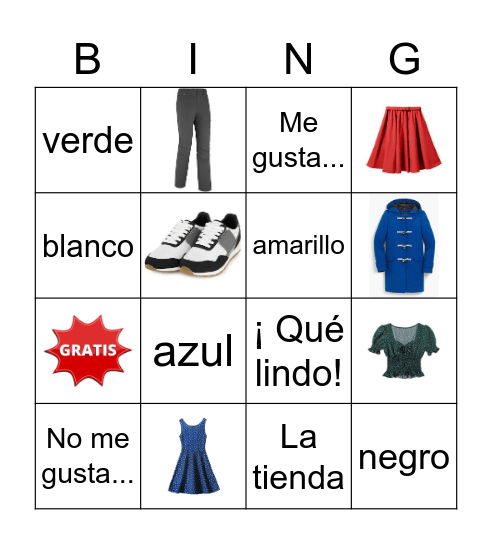La ropa y moda Bingo Card