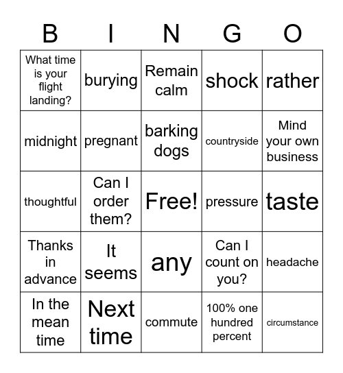 KAFE ANGLE BINGO Card