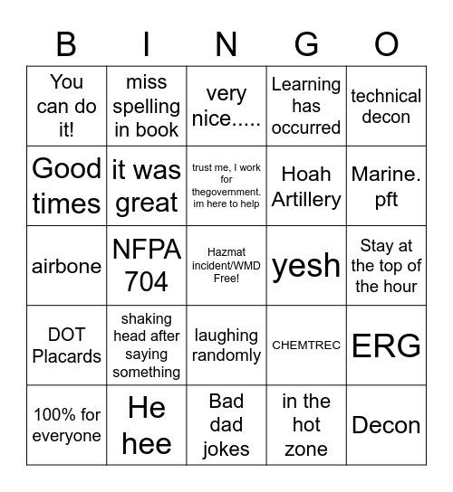 CBOLC Hazmat Bingo! Bingo Card