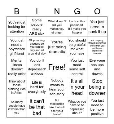 Mental Health Stigma Bingo Card