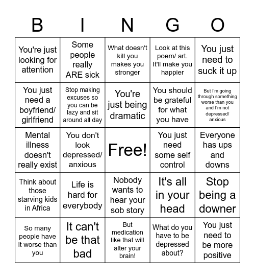 Mental Health Stigma Bingo Card