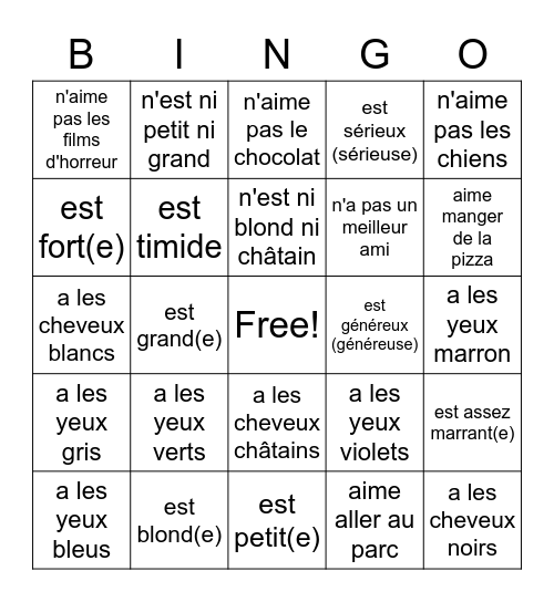 (description d'une personne) Trouve quelqu'un qui.... Bingo Card