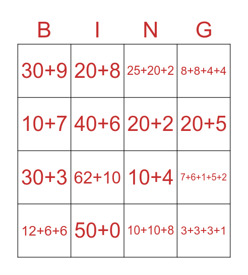 Decomposing Numbers Bingo Card