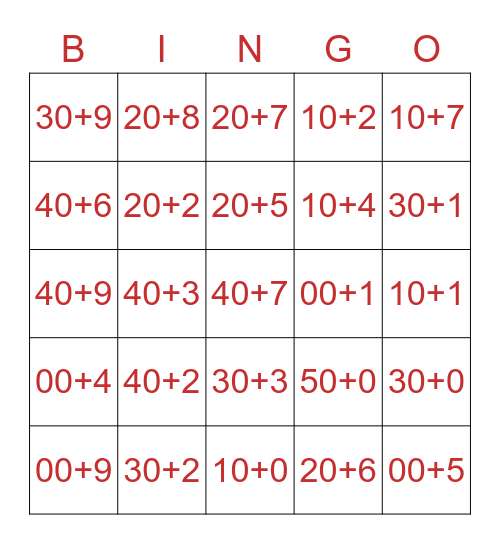 Decomposing Numbers Bingo Card