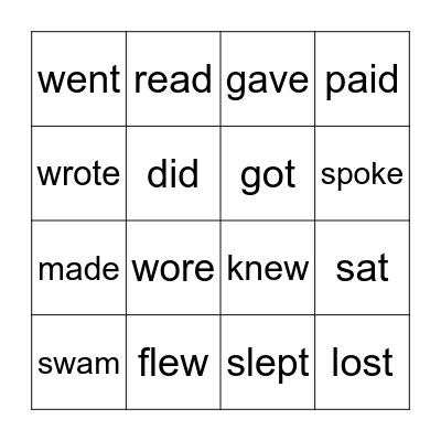 Irregular Verbs Bingo Card