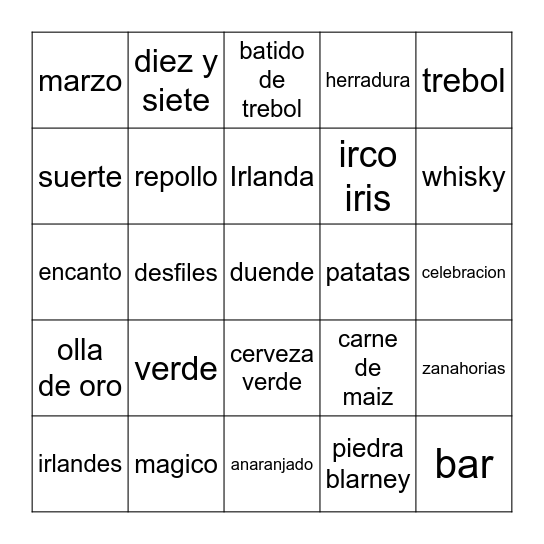 El Dia de San Patricio Bingo Card