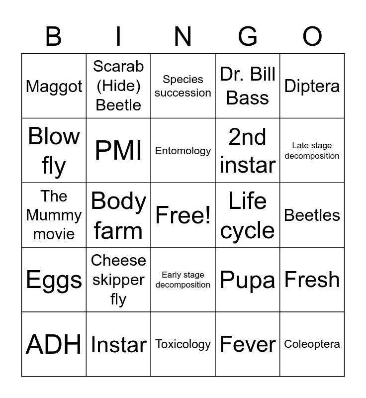 Forensic Entomology Bingo Card