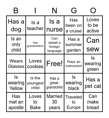 Relief Society Sister BINGO Card