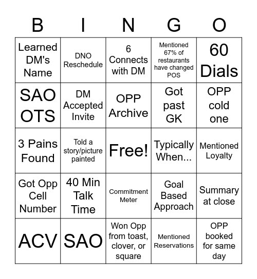 Cold Call Bingo Card