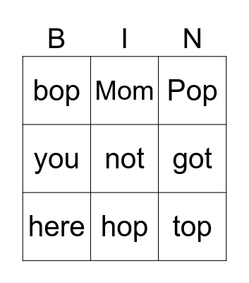 Short o sound Bingo Card