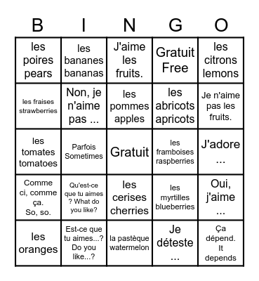 Les fruits Bingo Card