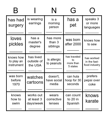 Human Being-O Bingo Card