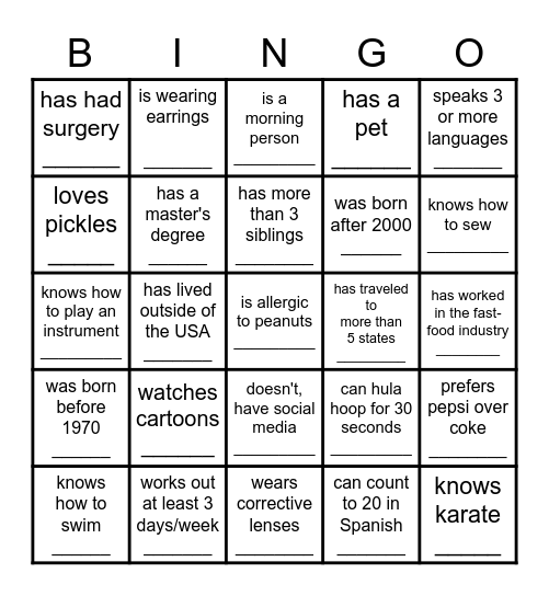 Human Being-O Bingo Card
