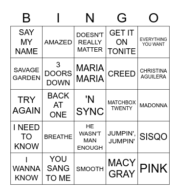 Billboard Top 25 2000 Bingo Card