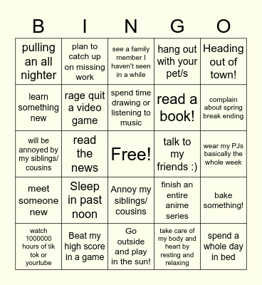 Spring Break Bingo Card