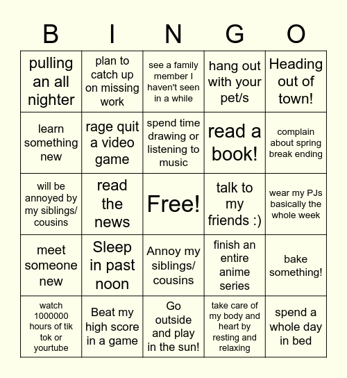 Spring Break Bingo Card