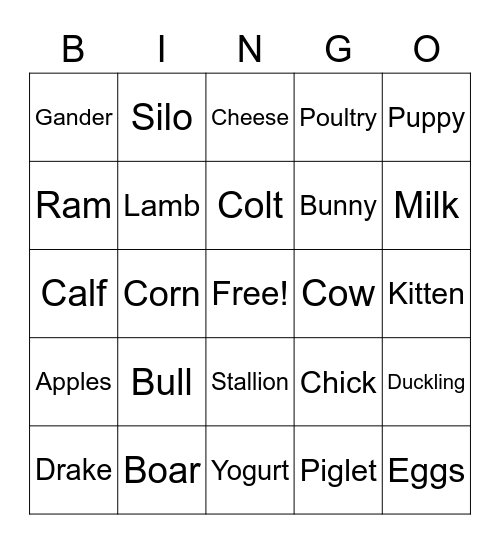 Barnyard Bingo Card