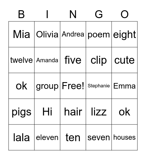 Lego friends Bingo Card