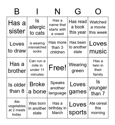 Getting to Know You Bingo Card