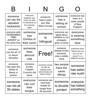 At your table . . . Bingo Card