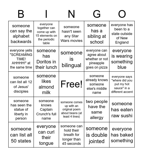 At your table . . . Bingo Card