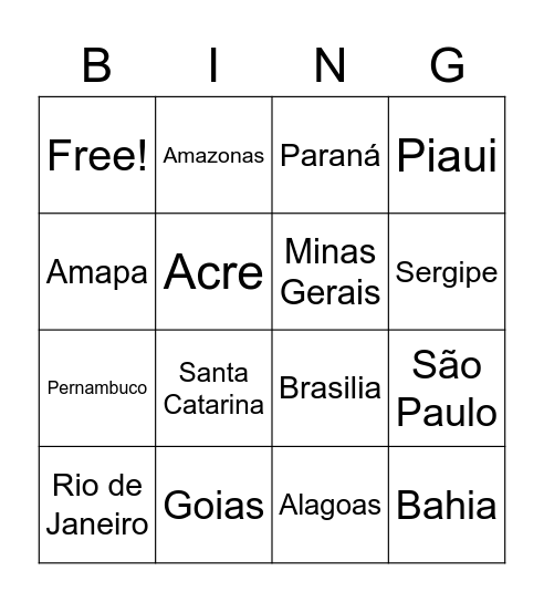 Bingo Estados do Brasil Bingo Card