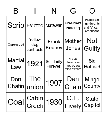 WV Mine Wars Bingo Card