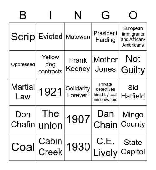 WV Mine Wars Bingo Card