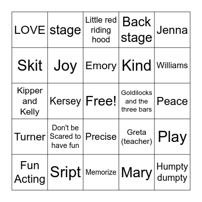 Fun Acting Bingo Card