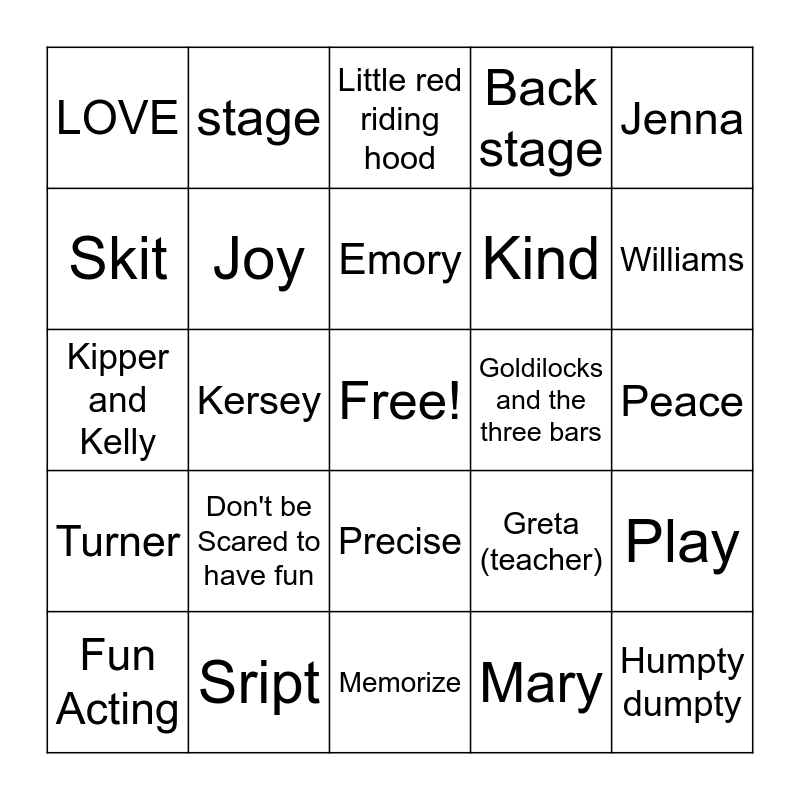 Fun Acting Bingo Card