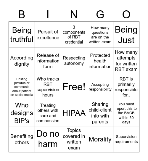 Ethics, HIPAA, and RBT Credential Bingo Card