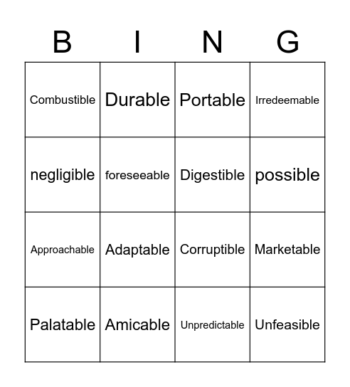 able/ible Bingo Card