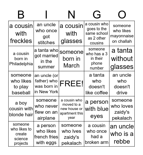 Family Bingo Card