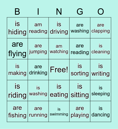 Present continuous tense Bingo Card